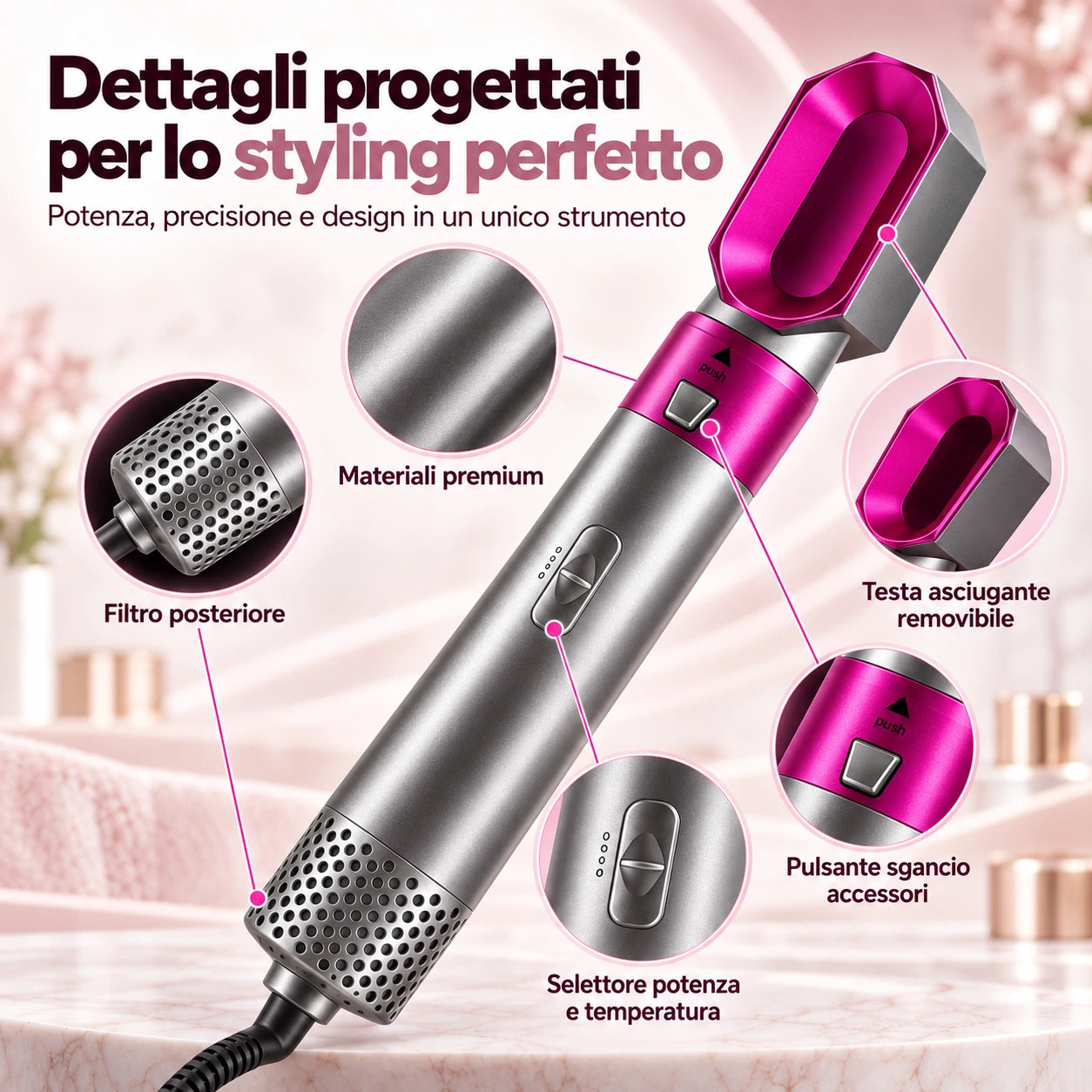 Dettagli dello styler HairPerfection con selettore di temperatura e filtro posteriore