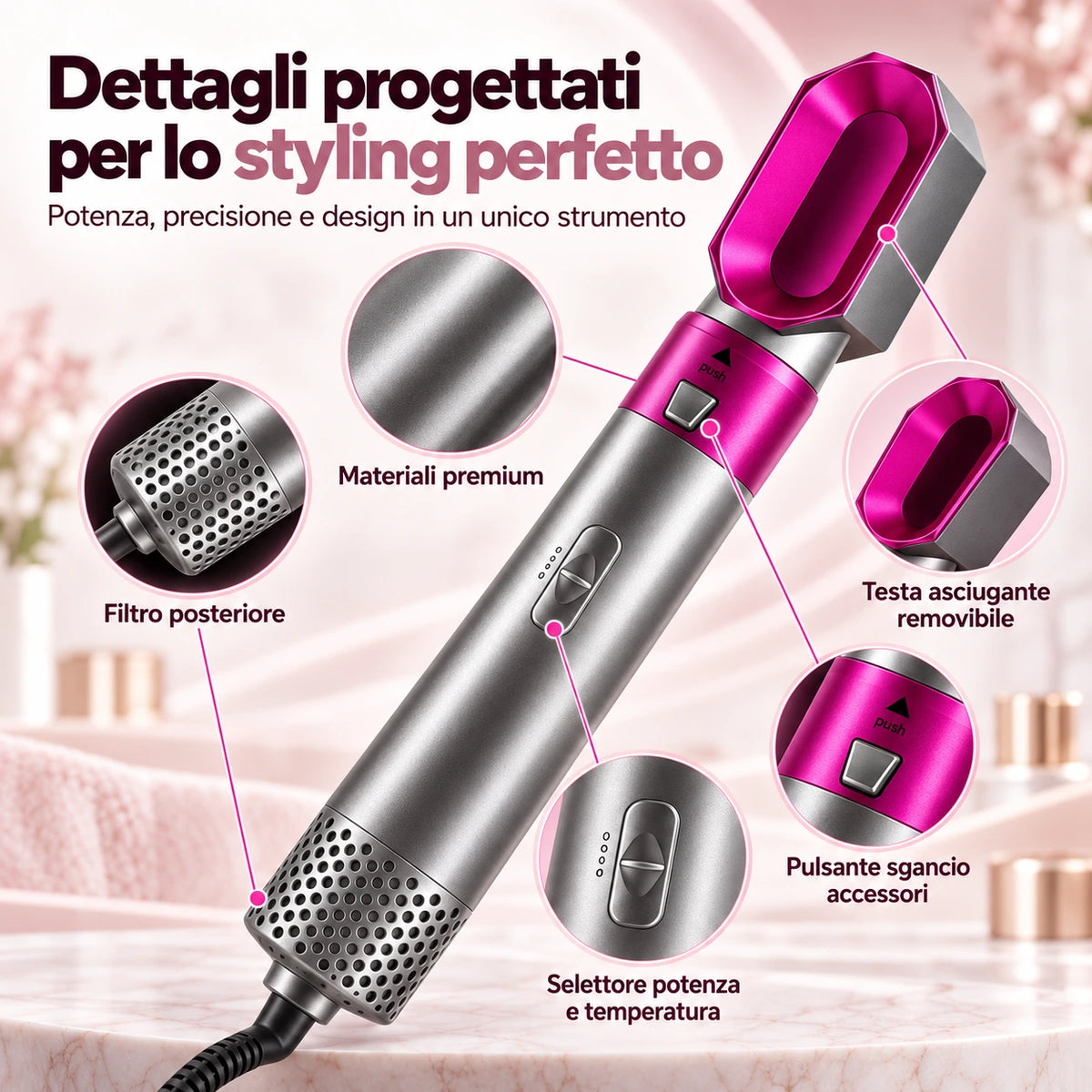 Dettagli dello styler HairPerfection con selettore di temperatura e filtro posteriore